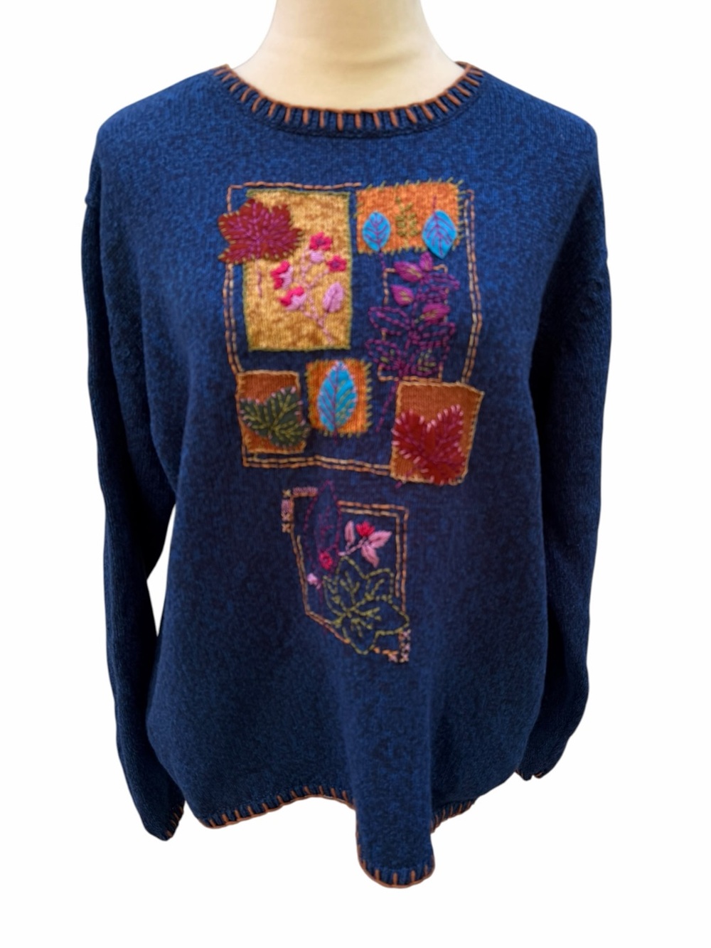 Cabin Creek Vintage Women’s XL Blue Embroidered Patchwork Sweater Fall Leaves